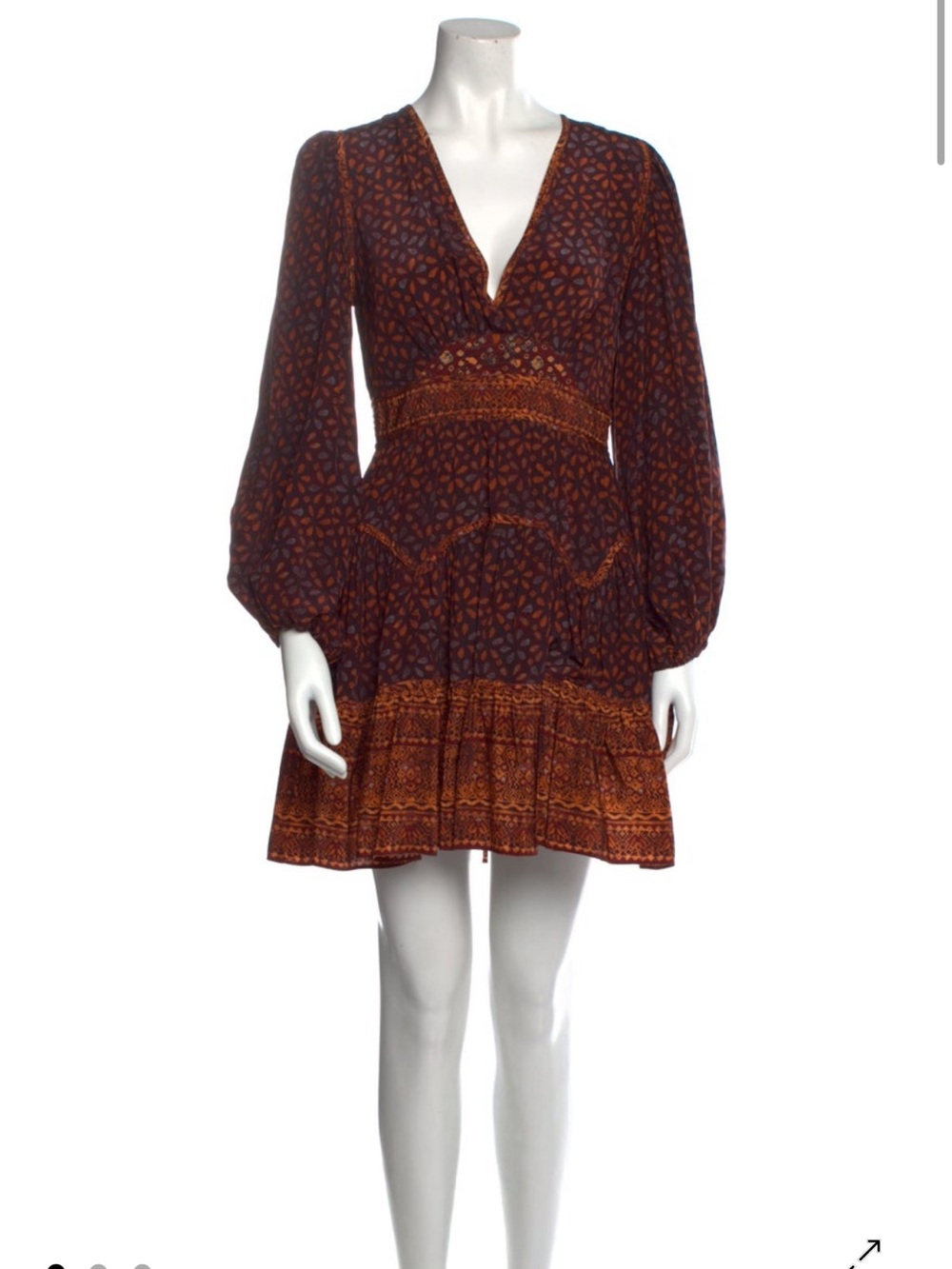 Ulla Johnson Bohemian V-Neck Long Sleeve Mini Dress in Rust and Navy